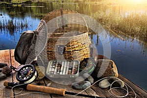 Traditional fly-fishing rod in late afternoon