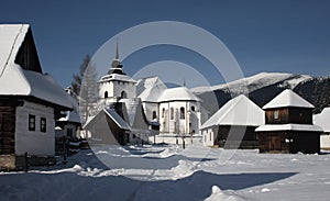 Traditional folk architecture, winter village, Pribylina, Slovakia