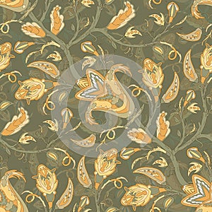 Traditional folk pattern with branches and flowers in art nouvea style. Seamless floral oriental ornament