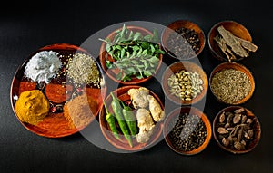 Traditional Food Ingredients Spices in Wooden Bowls