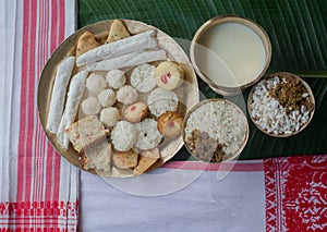 Traditional foods of Magh Bihu & x28; also known as Bhogali Bihu & x29; , a festival celebrated across Assam , North East India . photo