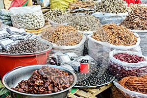 Traditional foods shop at Shwe Set Taw pagoda festival, Myanmar, Feb-2018