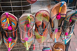 Traditional footwear of Nepal. Local art and craft stall in Kathmandu