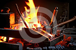 Traditional forge with bellows, iron tools, and coal fire