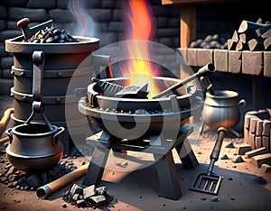 Traditional forge with bellows, iron tools, and coal fire