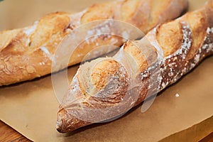 Traditional french baguette bread closeup horizontal shot