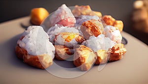 Traditional French beignets doughnuts with orange zest and powdered sugar on a grey textured background, selective focus