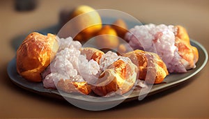 Traditional French beignets doughnuts with orange zest and powdered sugar on a grey textured background, selective focus