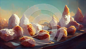 Traditional French beignets doughnuts with orange zest and powdered sugar on a grey textured background, selective focus