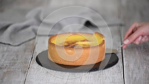 Traditional French Custard Pie. Sweet flan patissier.