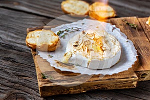Traditional French homemade baked Camembert cheese with thyme and baguette bread. Gourmet traditional Breakfast close up