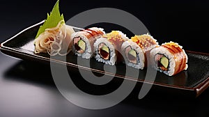 Traditional fresh japanese sushi futomaki on black plate, Generative AI