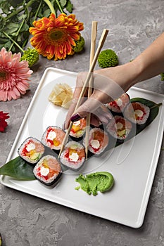 Traditional fresh Japanese sushi rolls