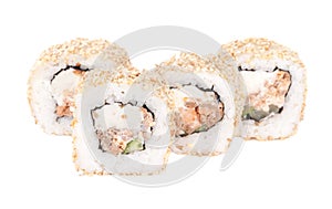 Traditional fresh japanese sushi rolls on white background