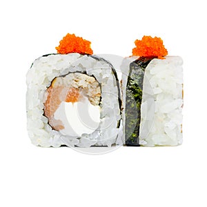 Traditional fresh japanese sushi rolls on a white background.