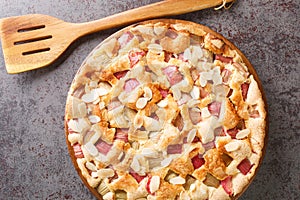 Traditional fresh rhubarb pie with almonds close-up in a dish. horizontal top view