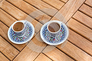 Traditional fresh turkish coffee on wooden table