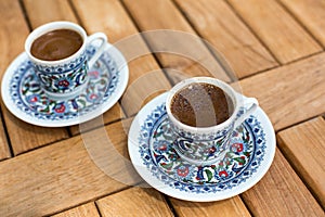 Traditional fresh turkish coffee on wooden table
