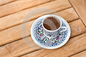 Traditional fresh turkish coffee on wooden table