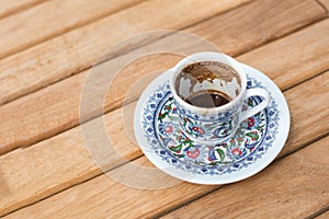 Traditional fresh turkish coffee on wooden table