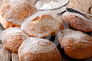Traditional fried dough Bunuelos sprinkled with powdered sugar close-up. horizontal photo