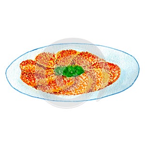 Traditional fried potato latkes for Hanukkah on a blue plate. Watercolor illustration, isolated on white background