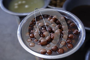 Traditional fried sweet of India named as pantua in bengal and gulab jamun in other parts of India is eaten as dessert.