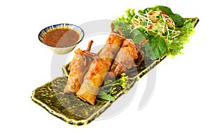 Traditional fried vietnamese spring rolls with pork, shrimp, rice paper isolated on white background side view