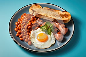 Traditional full English breakfast with fried eggs, sausages, beans, grilled tomatoes and bacon. AI Generated