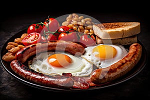 Traditional full English breakfast with fried eggs, sausages, beans, mushrooms, grilled tomatoes and bacon on black background. Ai