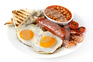 Traditional full English breakfast with fried eggs, sausages, beans, mushrooms, grilled tomatoes and bacon