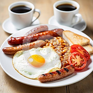 Traditional full English breakfast with fried eggs, sausages, beans, mushrooms, grilled tomatoes and bacon on white