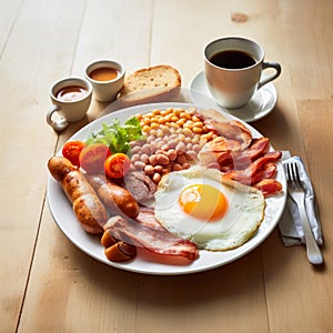 Traditional full English breakfast with fried eggs, sausages, beans, mushrooms, grilled tomatoes and bacon on white plate
