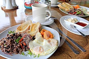 Traditional Gallo Pinto breakfast with eggs, Costa Rica