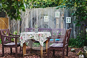 Traditional garden dining table with chairs in a Russian dacha