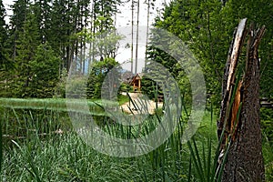 Traditional gazebo directly at the Vrbice lake in Demanovska valley