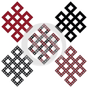 Traditional geometric Oriental Tibetan symmetrical Endless, Eternity Knot zen Auspicious Symbols in black, white and red with diam