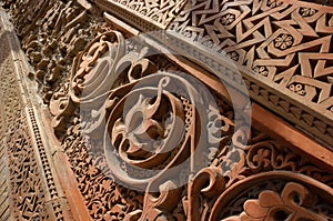 Traditional geometrical and floral muslim ornamental patterns on the medieval Karakhanid`s tomb in Uzgen,Osh Region, Kyrgyzstan,un photo