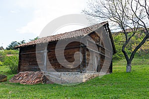 Traditional Georgian wooden farm building in Tbilisi Open Air Museum of Ethnography. Georgia country