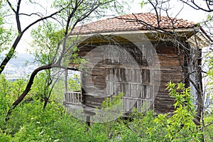 Traditional Georgian wooden farm building in Tbilisi Open Air Museum of Ethnography. Georgia country