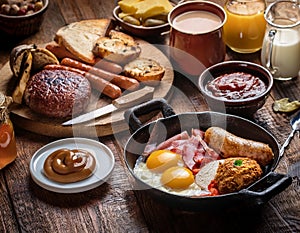 A traditional German breakfast spread on a rustic table