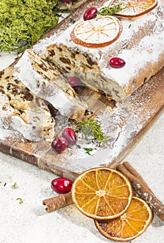 Traditional german christmas cake with raisins and martzipan. Dr photo