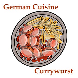 Traditional German currywurst sausage, served with chips or French fries in a pan