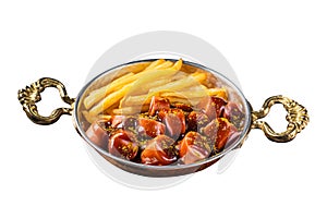 Traditional German currywurst sausage, served with chips or French fries in a pan Isolated on white background. Top view