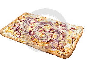 Traditional German Flammkuchen pie with ham and onion. High quality Isolate, white background.