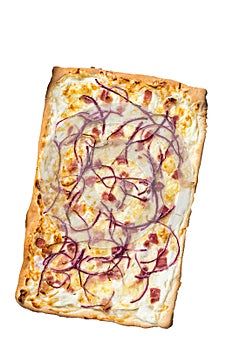 Traditional German Flammkuchen pie with ham and onion. High quality Isolate, white background.