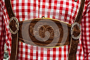 Traditional German Lederhosen Center Chestpiece Closeup Leather photo