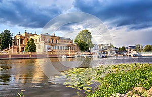 Traditional German old buildings and a harbor on Lake Schwerin. Germany