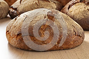 Traditional German sourdough loaf of bread in the bakery close up