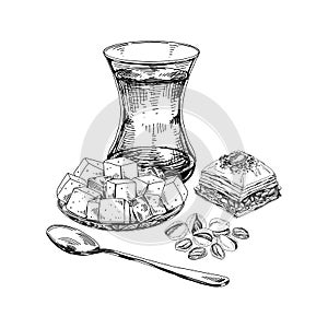 Traditional glass of turkish tea and oriental sweet desserts, retro hand drawn vector illustration.